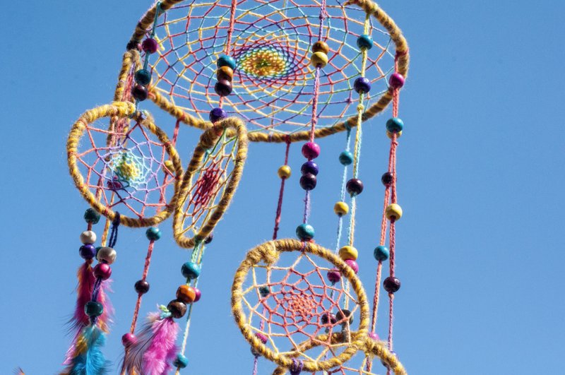 手工编织棉麻彩虹捕梦网吊饰 Boho羊毛线羽毛捕梦网-黄咖旋转阶梯 - 摆饰 - 羊毛 多色