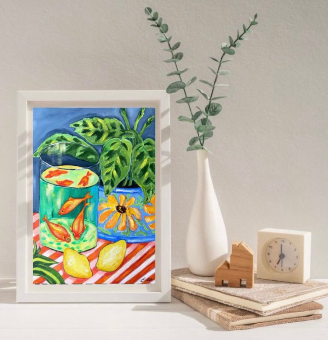 金鱼 静物 柠檬和鲜花 油画 马蒂斯启发了野兽派艺术 - 墙贴/壁贴 - 纸 金色
