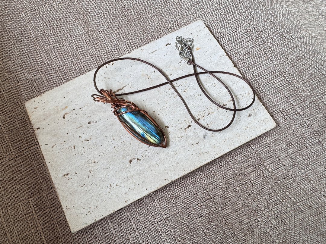 #230153 wire wrapping 拉长石 铜线 绕线 吊堕 - 项链 - 铜/黄铜 绿色