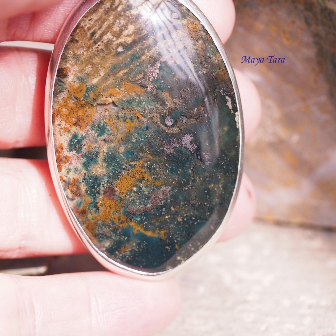大颗 苔藓玛瑙 庭园水晶 手工纯银坠子 Large moss agate - 长链 - 水晶 绿色