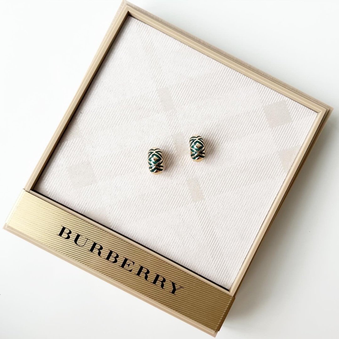 BURBERRYS金x绿格纹珐琅耳夹C1 vintage - 耳环/耳夹 - 其他金属 