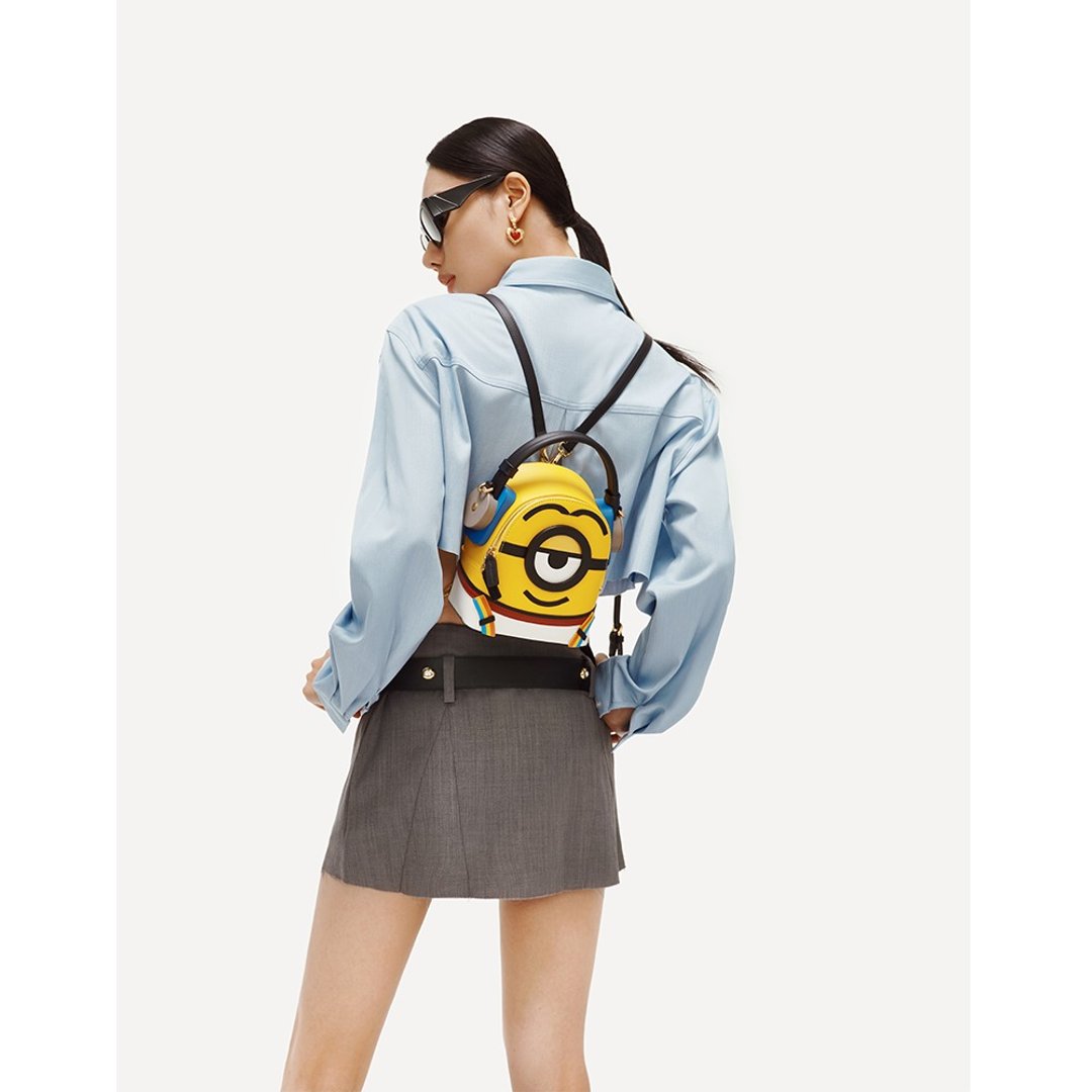 Minions牛仔布镶牛皮革背囊 - 运动服和耳机 - 后背包/双肩包 - 真皮 黄色