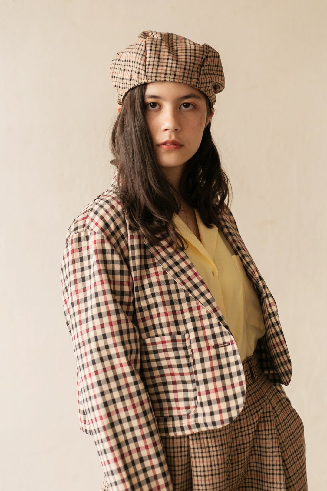 Dot Beret Hat (Brown Tartan) - 帽子 - 棉．麻 咖啡色