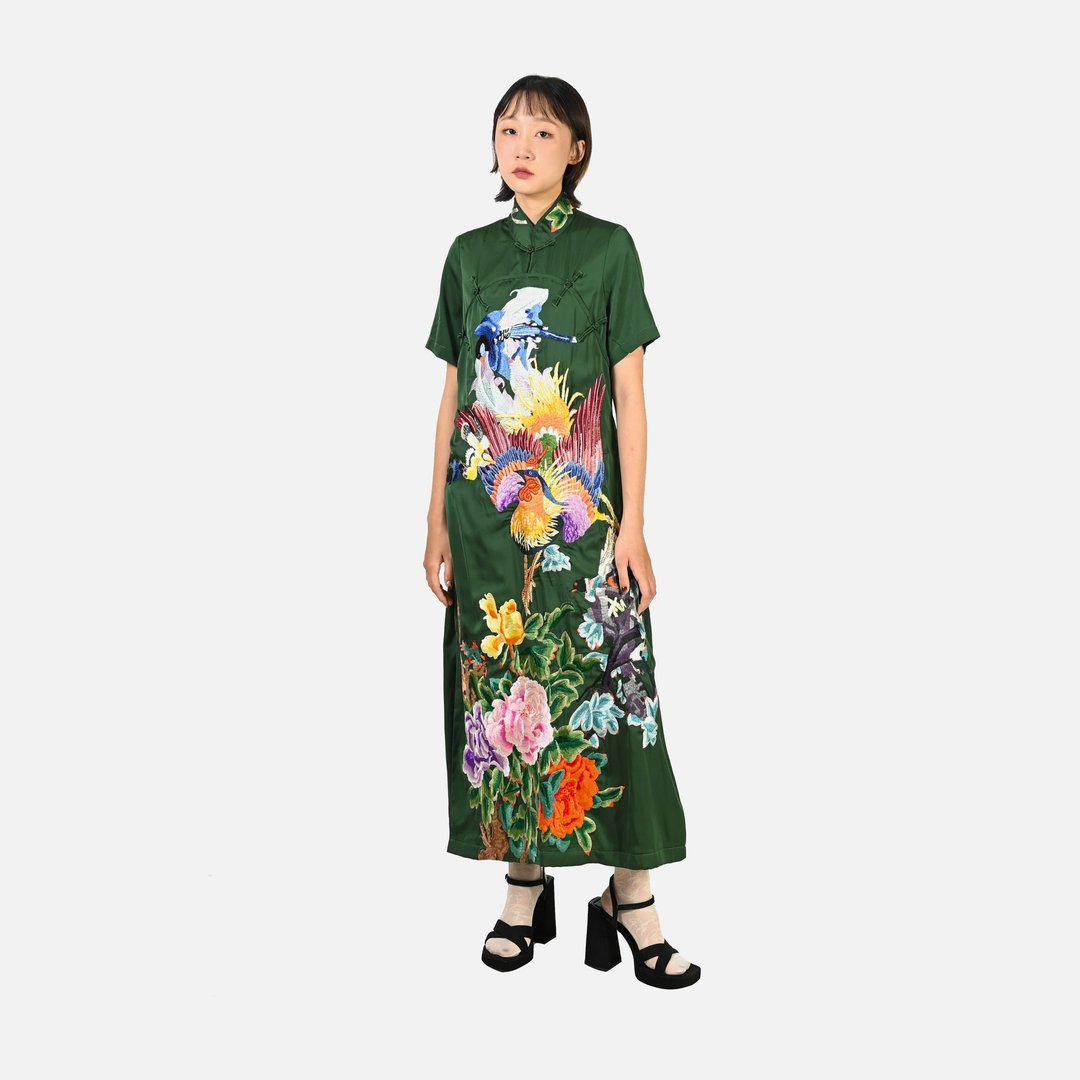 【蛋植物古着】花鸟山渊精工刺绣古着旗袍 - 旗袍 - 其他人造纤维 绿色