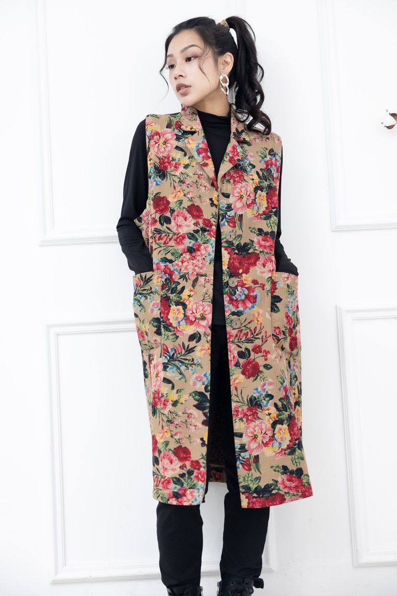 红色调山茶花西装翻领长版背心 驼色 - 女装背心 - 其他材质 卡其色