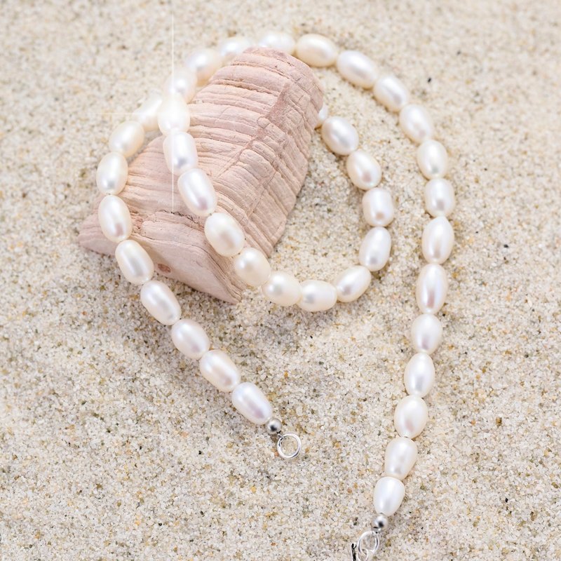 天然白色米型珍珠项链 7-8mm 银色勾扣 经典雅致 万圣节礼物 - 项链 - 珍珠 白色