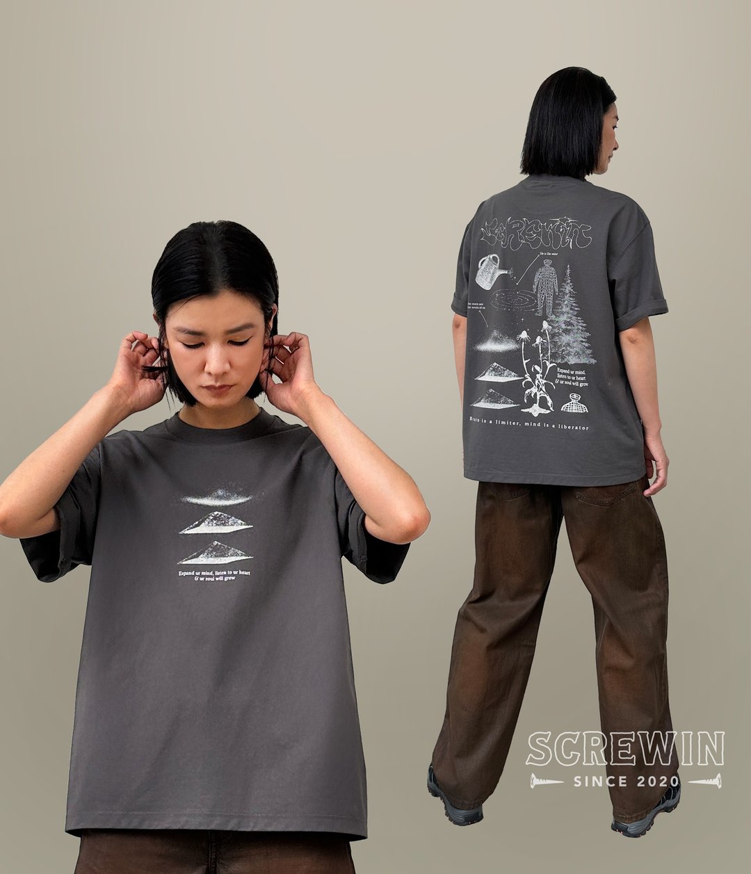 SCREWIN gray Tee - 男装上衣/T 恤 - 棉 