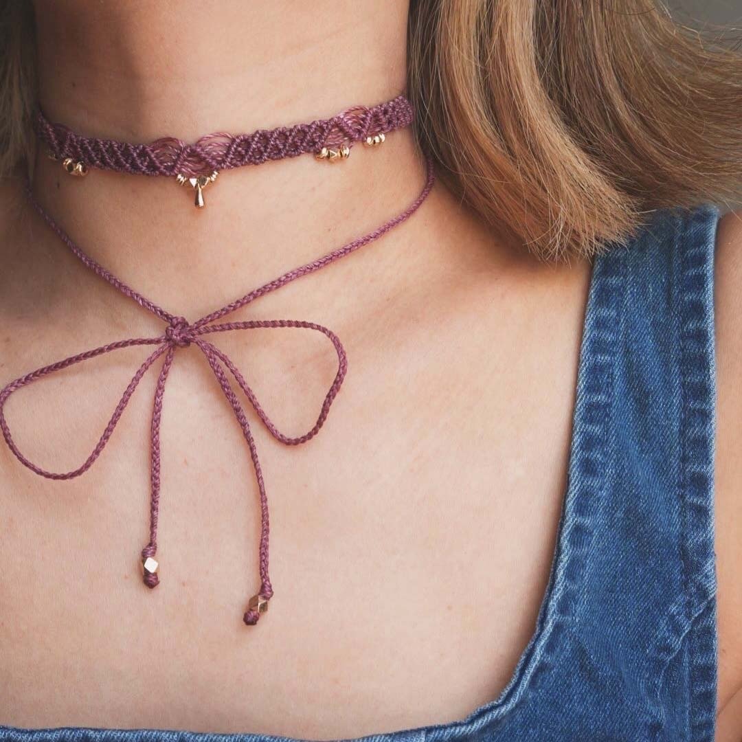 Lace Choker | 编织蕾丝颈绳 | 网格款 | 紫红色 - 项链 - 蜡 