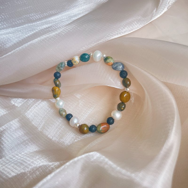 疗愈 x 海洋碧玉 珍珠 纯银 定制 手链【浪花与你】弹性绳 - 手链/手环 - 半宝石 多色