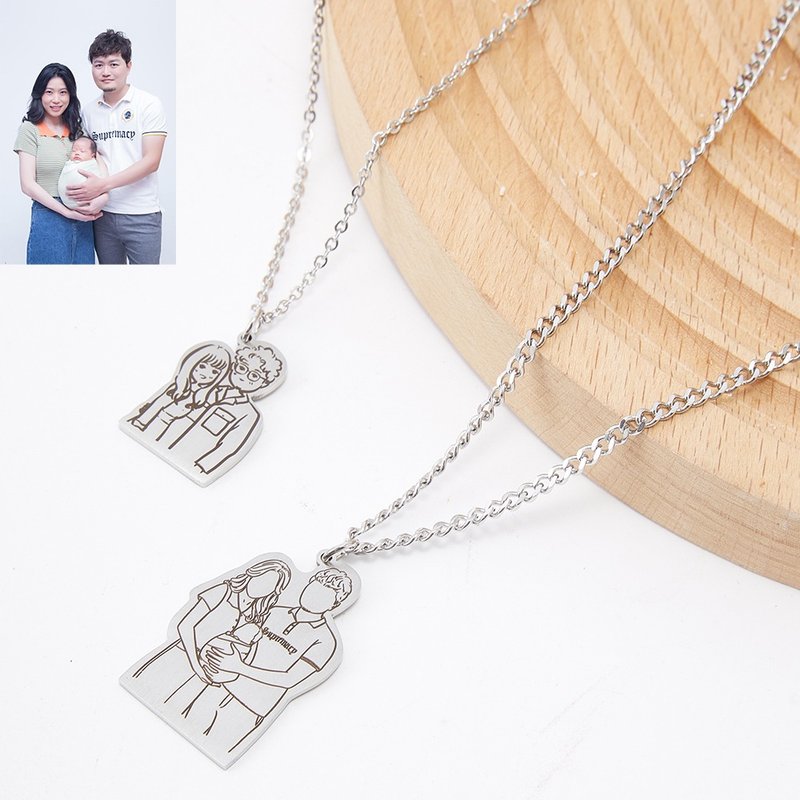简约似颜绘素描定制化人像轮廓项链 买1送1同款设计图圆牌吊饰 - 颈链 - 不锈钢 