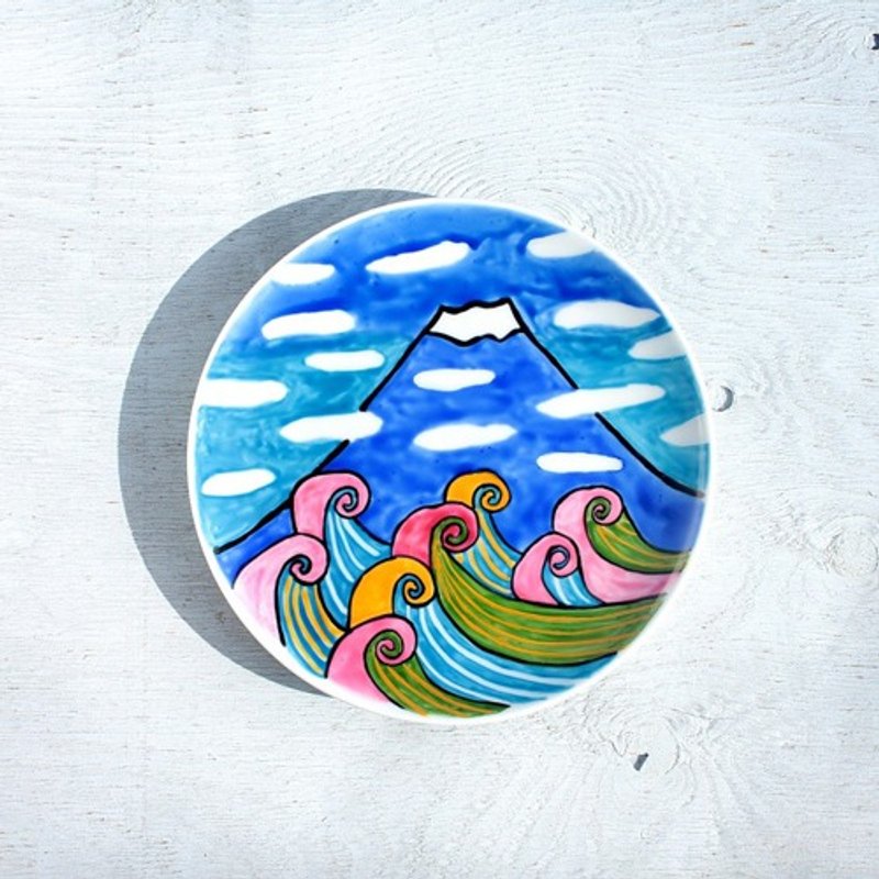 夏の富士山（波千鳥）色絵皿 - 浅碟/小碟子 - 陶 