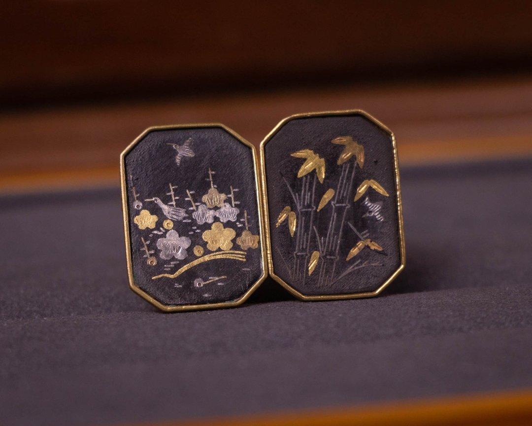 日本Amita古董象嵌 24K金/纯银镶嵌工艺 花鸟与竹林图腾 耳栓耳夹 - 耳环/耳夹 - 24k 金 黑色
