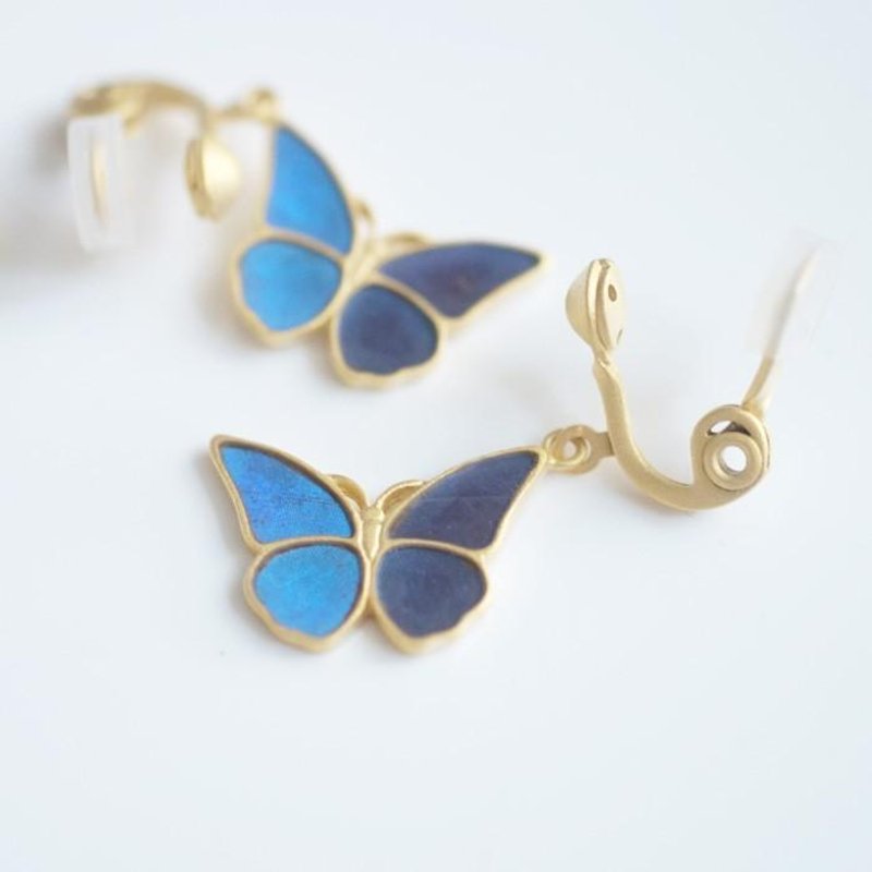 Morpho butterfly small antique Clip-On - 耳环/耳夹 - 其他金属 蓝色