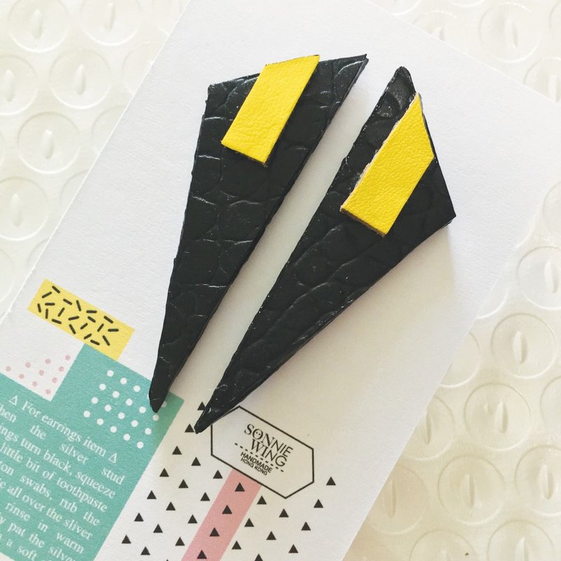 节日礼物 几何配色皮革耳环 纯银耳针 - 耳环/耳夹 - 真皮 黑色