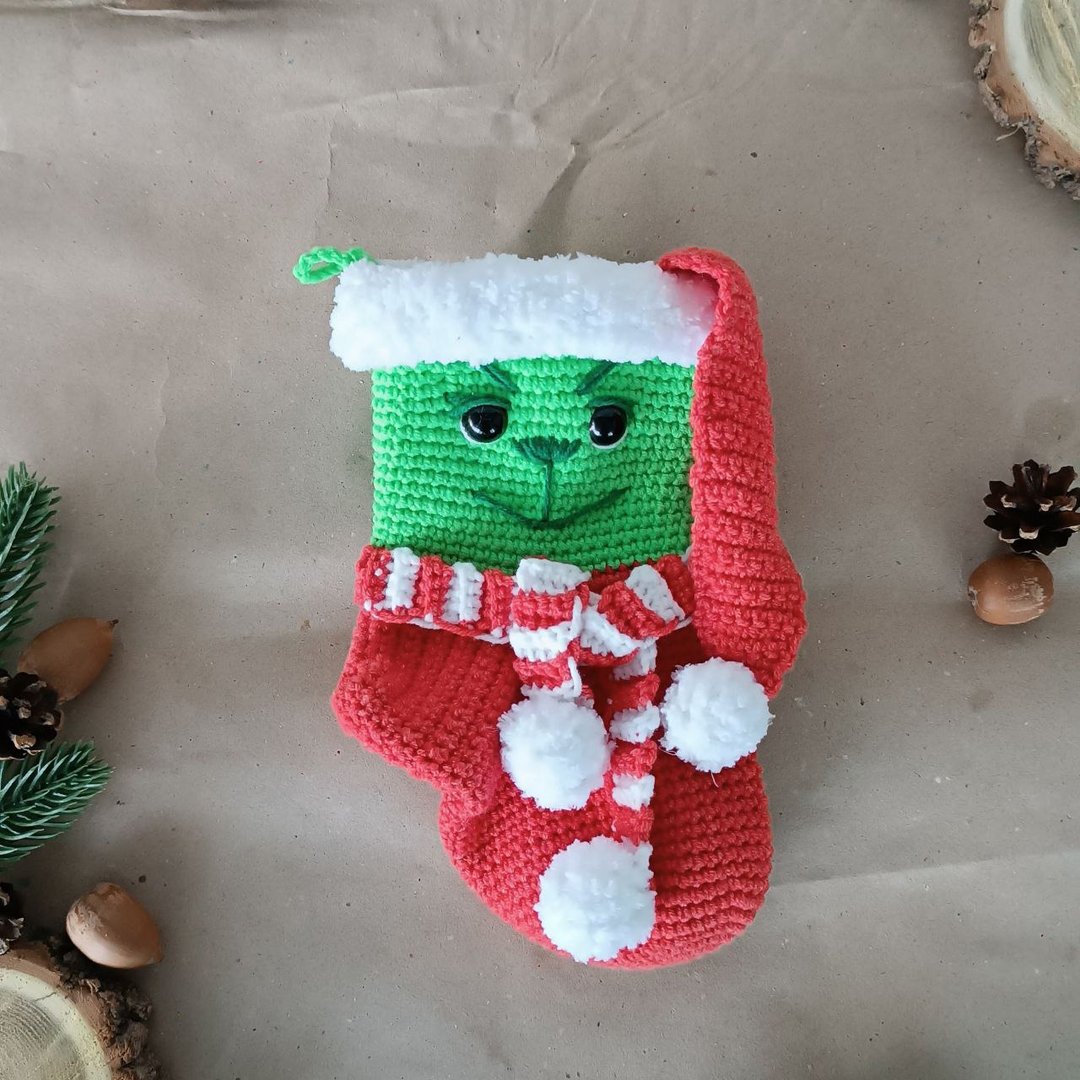 钩针图案圣诞袜 Grinch，圣诞 amigurumi 袜 - 手工艺教程/工具书 - 其他材质 