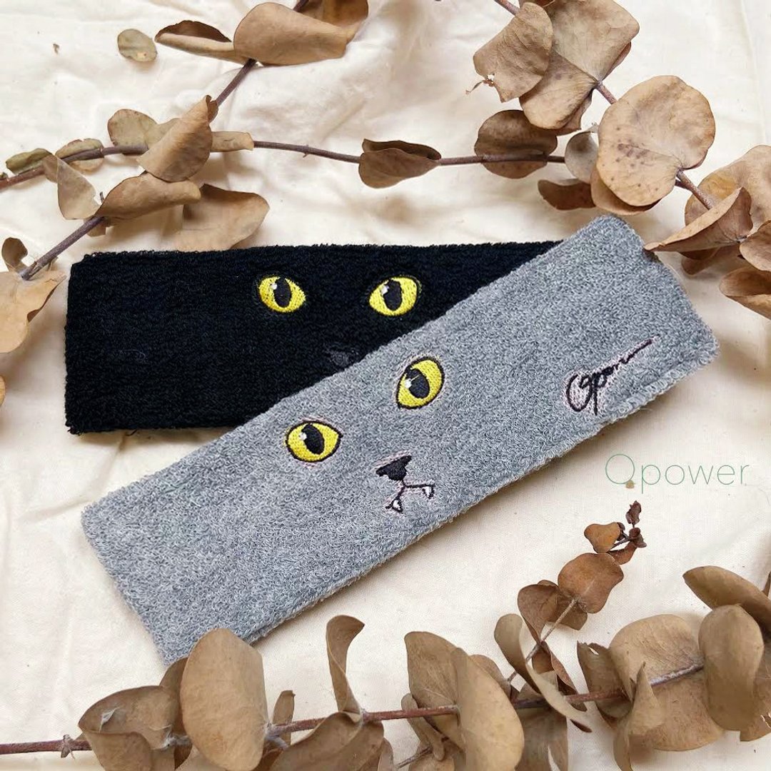 圣诞交换礼物 猫咪系列-刺绣猫咪毛巾底运动头带-共两色 (单个) - 发饰 - 棉 黑色