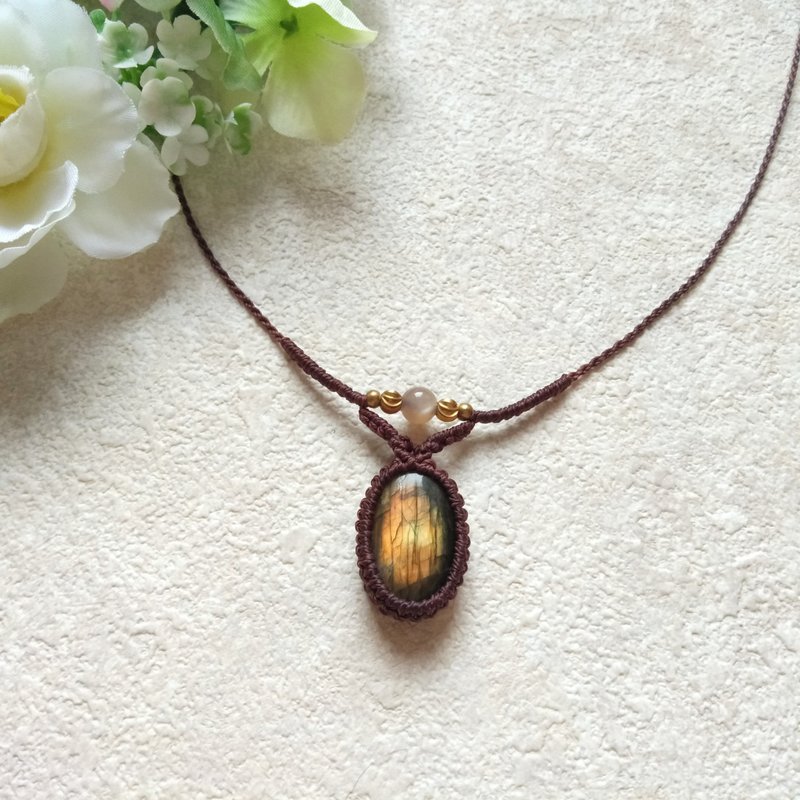 简约风。拉长石。南美巴西蜡线编织项链 - 项链 - 半宝石 咖啡色