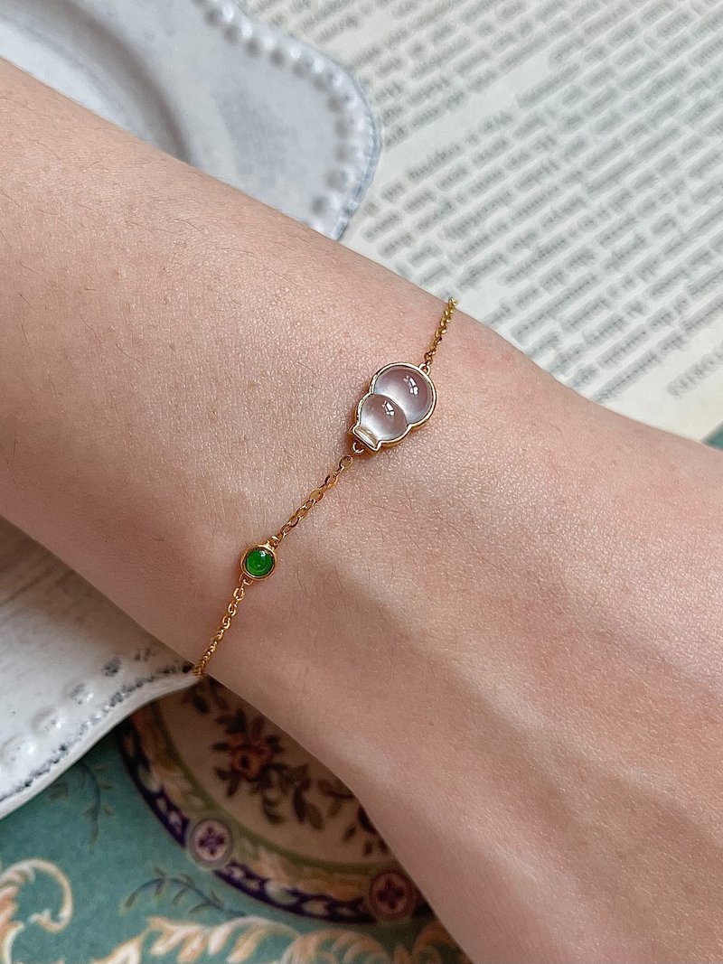 高冰种葫芦翡翠配阳绿翡翠18K金镶嵌手链  玉|天然缅甸翡翠 - 手链/手环 - 玉石 白色