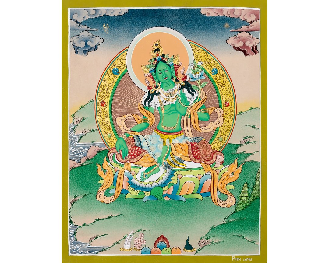 绿度母唐卡 – 慈悲与迅速行动的女神 - 墙贴/壁贴 - 其他材质 多色