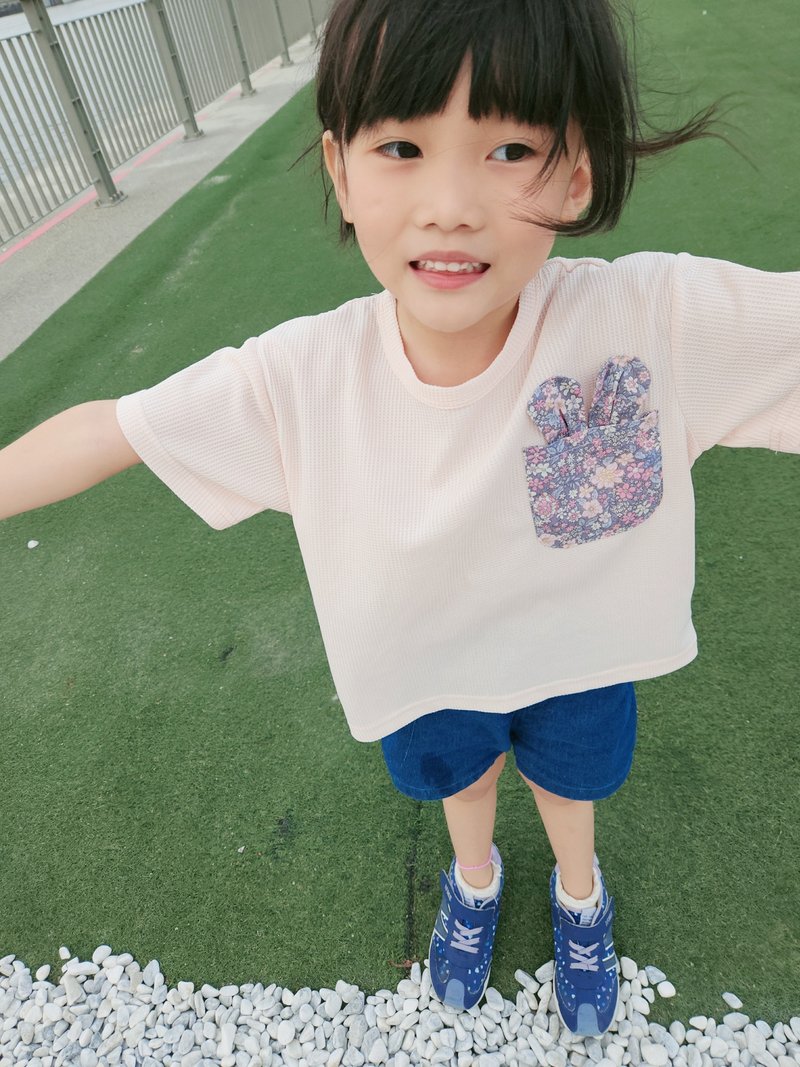 台湾原厂品牌Rakki more 碎花兔子口袋 女童短袖上衣-粉色 - 童装上衣 - 其他材质 