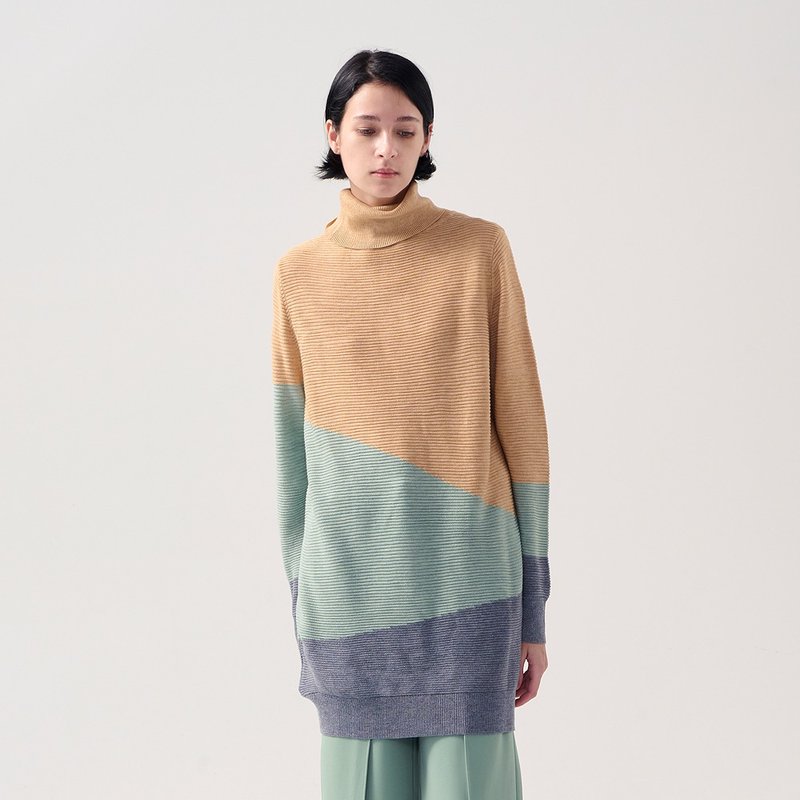 AVVJOY | 高领几何色块针织长毛衣长袖长版 - 女装上衣 - 其他材质 