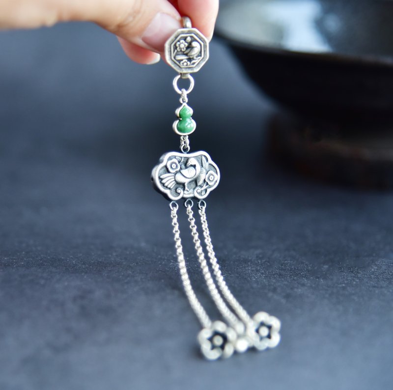 【古典压襟】925银天然翡翠流苏压襟吊饰 - 吊饰 - 银 绿色