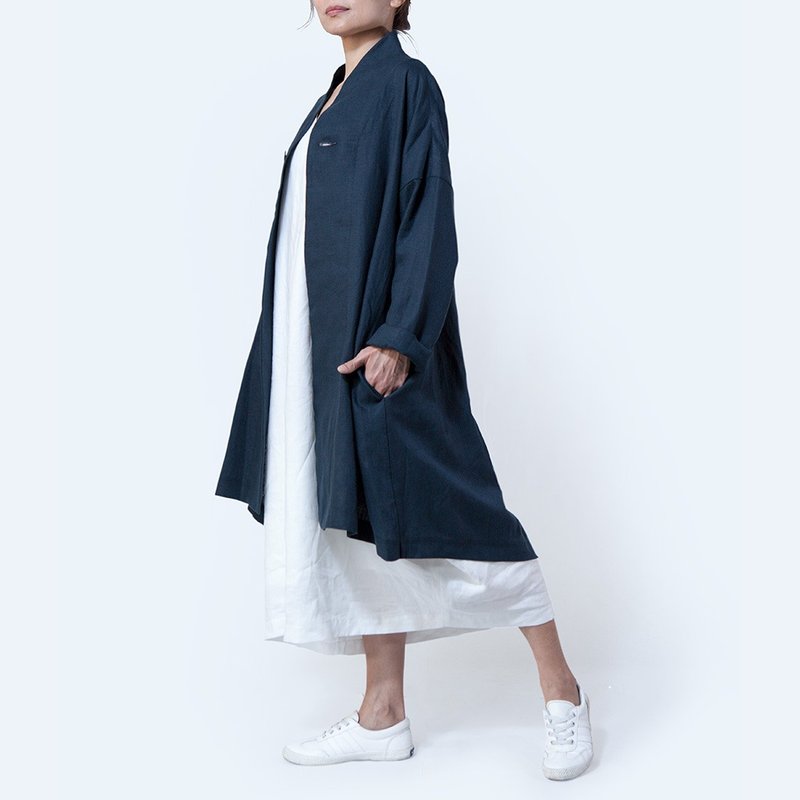 银杏领长版罩衫  亚麻 | 午夜蓝色 - 女装休闲/机能外套 - 棉．麻 多色