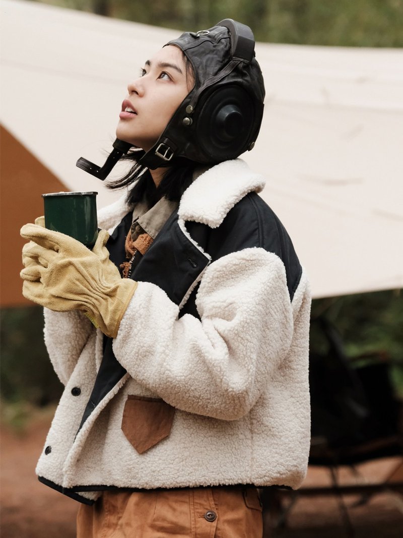 黑白拼接 拼接仿羊羔毛外套 複古飛行員撞色男友風短夾克 - 女装休闲/机能外套 - 羊毛 白色