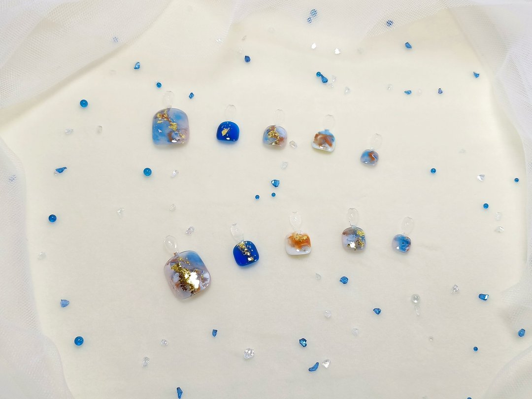 【YUE】蓝金潮汐 - 胶质海洋碎金脚部穿戴甲 M 码 - 其他 - 塑料 蓝色
