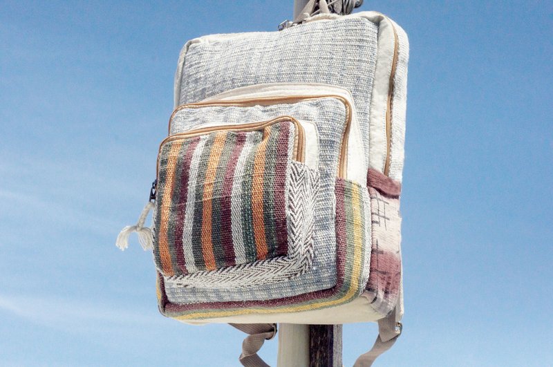 情人节礼物 限量一件 棉麻拼接设计后背包 / 肩背包 / 民族登山包 / 拼布包 - 西班牙童趣配色 几何民族后背包 - 后背包/双肩包 - 棉．麻 多色