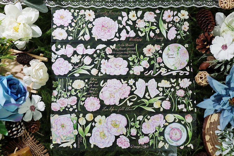 OKMT新七天小清新粉色花卉流麻咕卡贴纸PET手帐手账胶带 花间诗集 - 纸胶带 - 塑料 粉红色