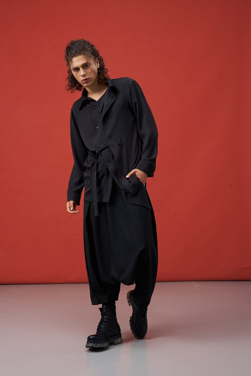 衬衫/长袖/绑带/解构/领子可变形/INF/SS25 - 男装衬衫 - 聚酯纤维 黑色