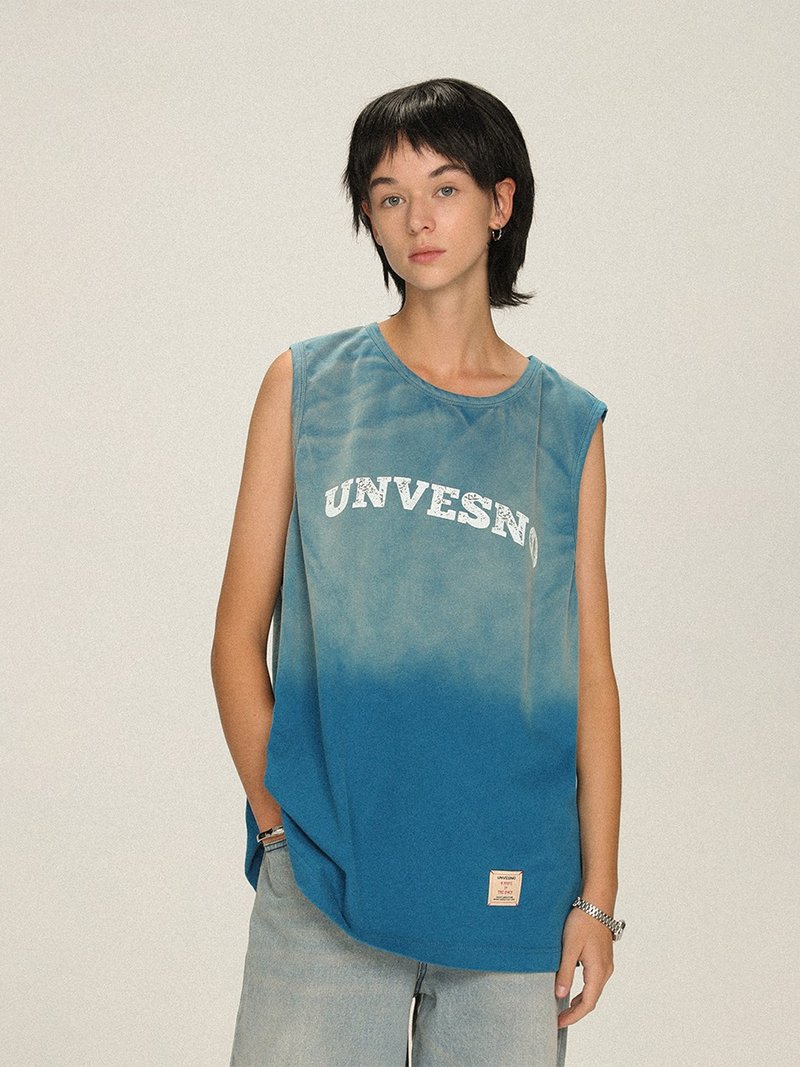 UNVENSO 迷雾复古做旧炒花印花纯棉基础背心logo潮牌街头SWS-1567 - 男装背心 - 棉 蓝色