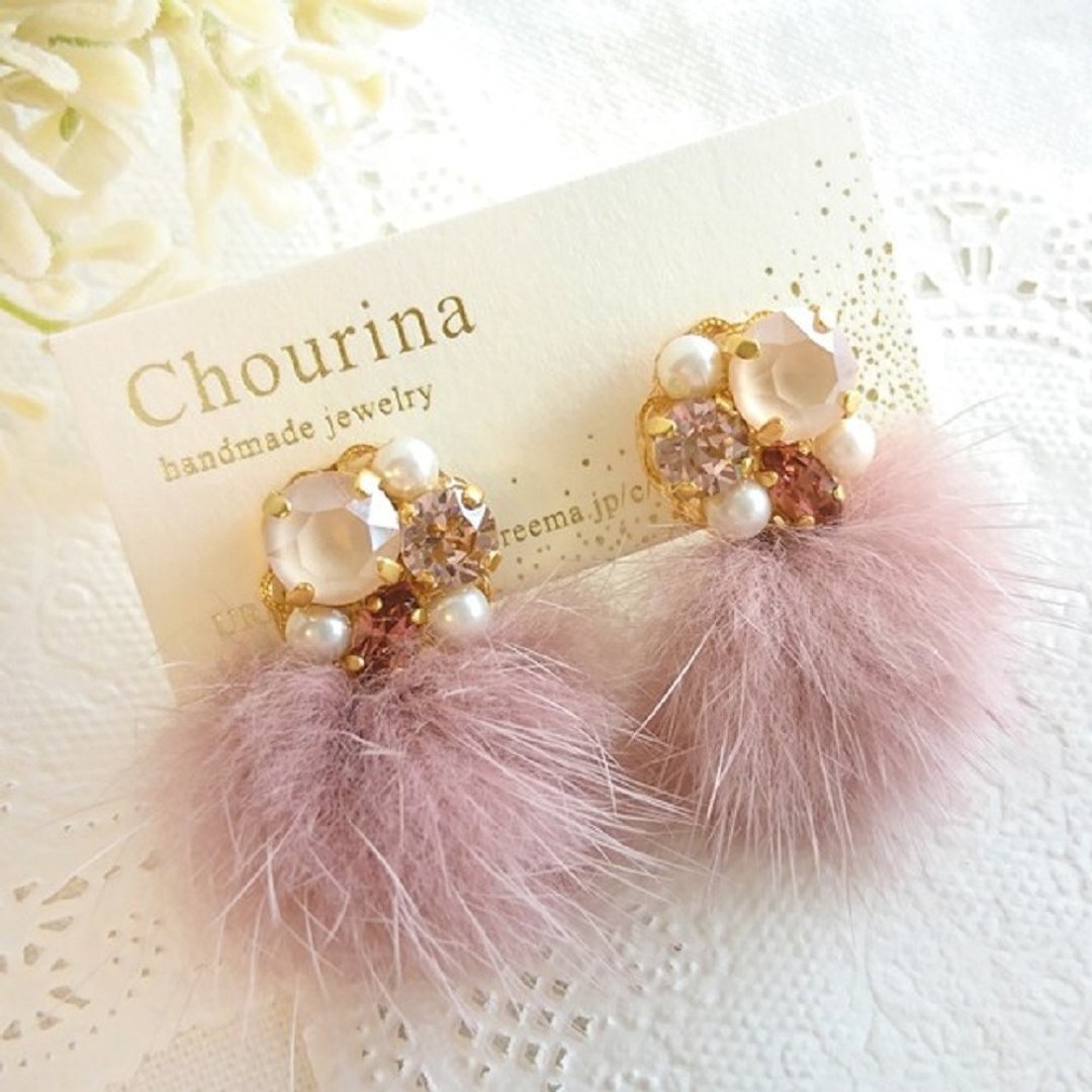 Mink fur bijou Clip-On, earrings - 耳环/耳夹 - 其他金属 粉红色