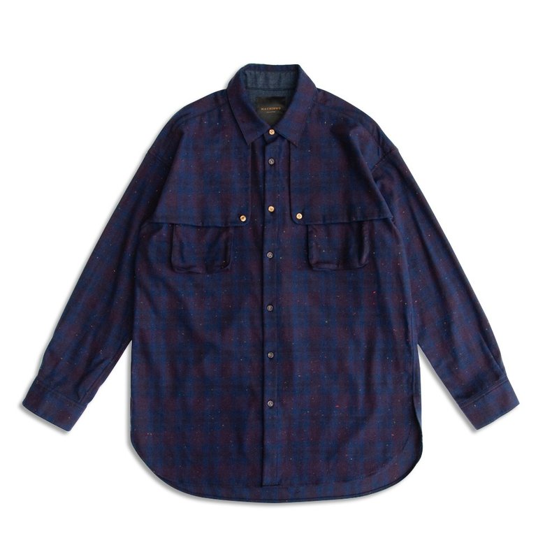 蓝格纹夹彩花松身长版衬衫 - 男装衬衫 - 棉．麻 蓝色