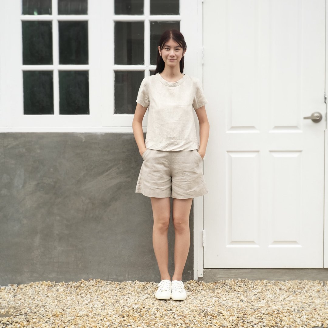 Zen Garden #2 / Natural Linen Round Neck Short Sleeve Blouses - 女装上衣 - 植物．花 