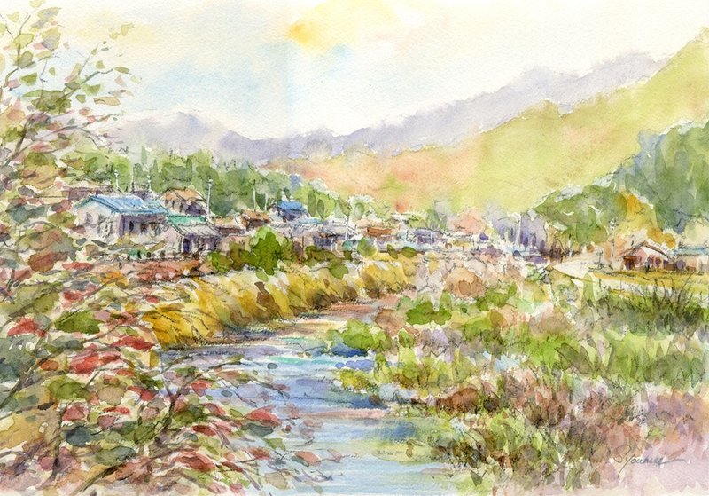 Made-to-order watercolor painting original Satoyama autumn 3 - 海报/装饰画/版画 - 纸 橘色