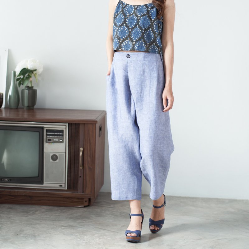 Natural Linen Pants with asymmetric button detail - Light Blue - 女装长裤 - 亚麻 蓝色