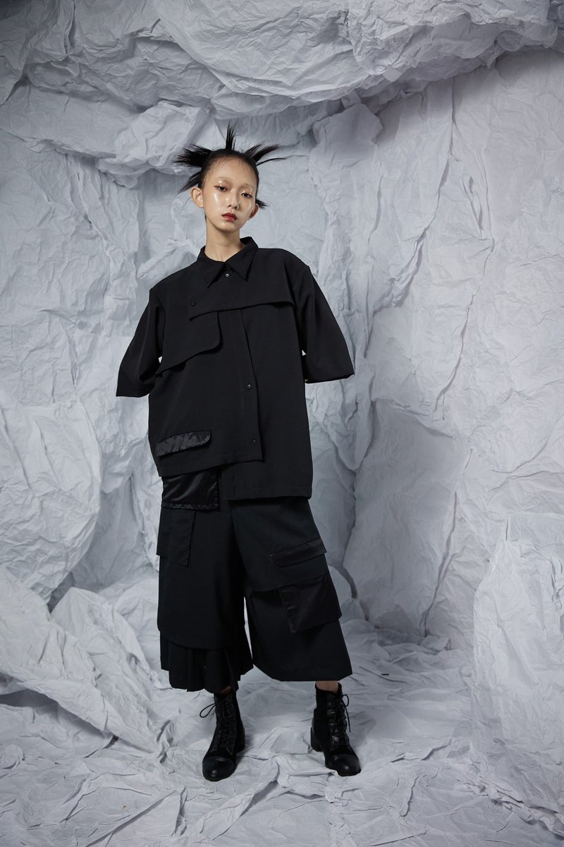 INF 22SS 挡片短袖衬衫 - 女装上衣 - 聚酯纤维 黑色