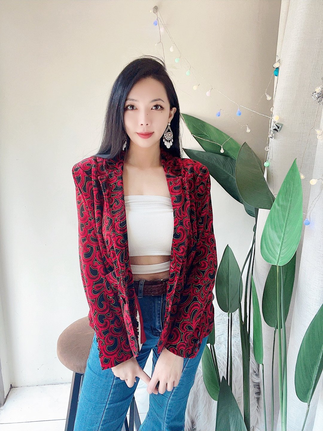 恋爱纯红满图腾浪漫率性 金丝绒短绒大衣西装外套 古着 vintage - 女装西装外套/风衣 - 聚酯纤维 红色