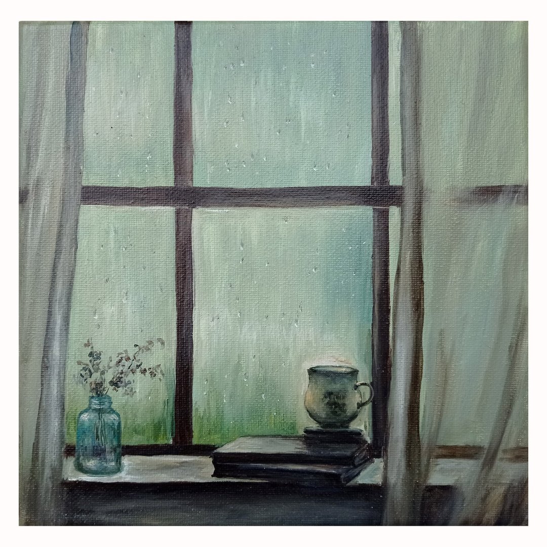 雨 挂画 小画 原画 手绘绘画 雨滴 居家生活 茶会 - 海报/装饰画/版画 - 其他材质 卡其色