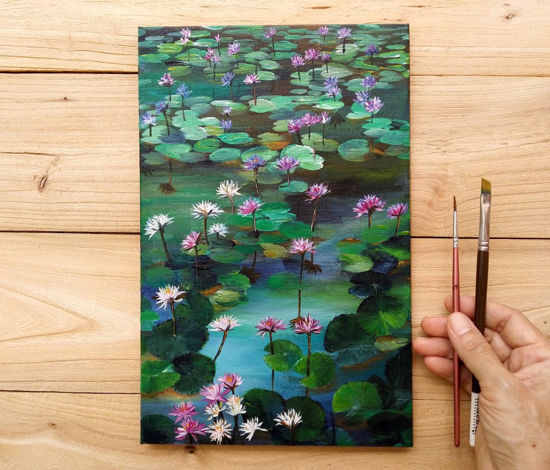 【夏莲】压克力原作挂画 | 夏日湖光风景图 | 睡莲花卉艺术收藏 - 海报/装饰画/版画 - 棉 