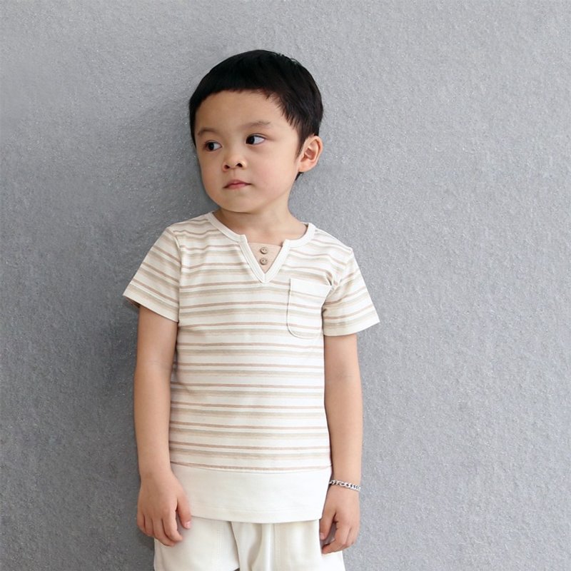 【ecoolla】有机棉V领条纹短袖上衣_原棉米|台湾制| - 其他 - 棉．麻 