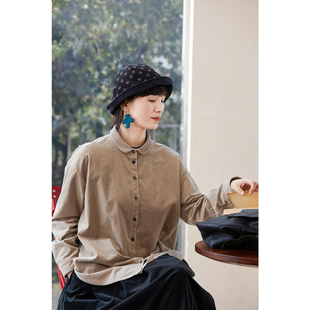 奶茶色棉氨纶宽松保暖亲肤经典平绒衬衫 - 女装衬衫 - 棉 