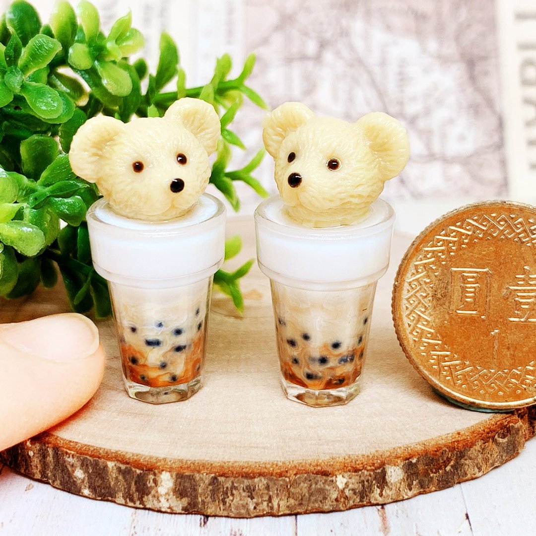 【微距食界】手作 小熊 珍珠奶茶 耳环(单一只耳朵耳环) - 耳环/耳夹 - 树脂 咖啡色
