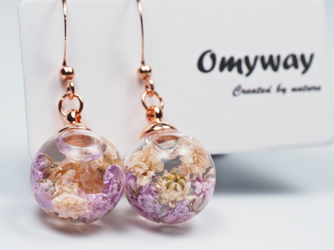 爱家作-OMYWAY粉紫满天星浮浮游玻璃球玫瑰金色耳环耳夹1.4cm - 颈链 - 玻璃 白色