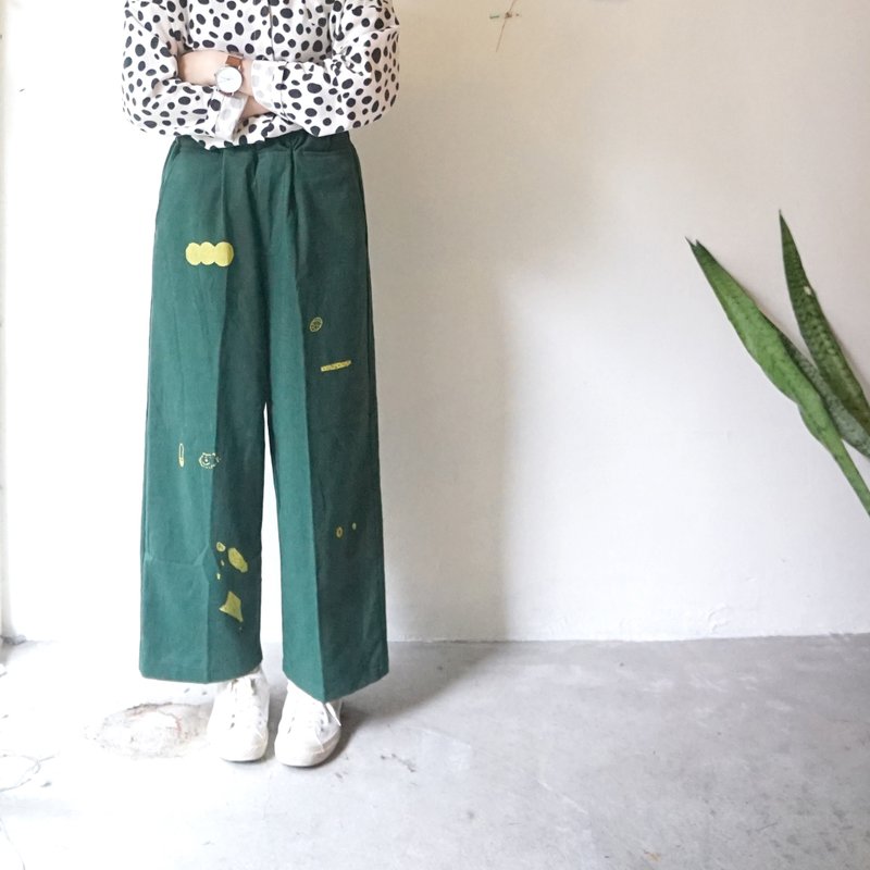 Yinke原创印花：山棱/小狗 绿绿口袋压线直筒宽裤 - 女装长裤 - 棉．麻 绿色