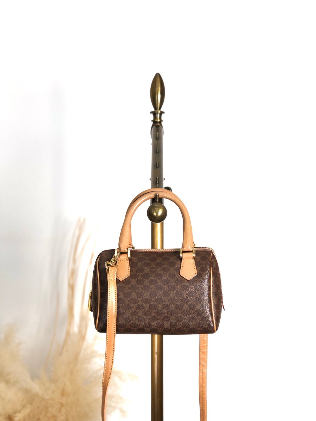 【日本直送 名牌中古包】CELINE  સૅલિન 马车 LOGO 侧背包 棕色 PVC 迷你波士顿包 2way vintage 古着 abbsfv - 侧背包/斜挎包 - 防水材质 咖啡色