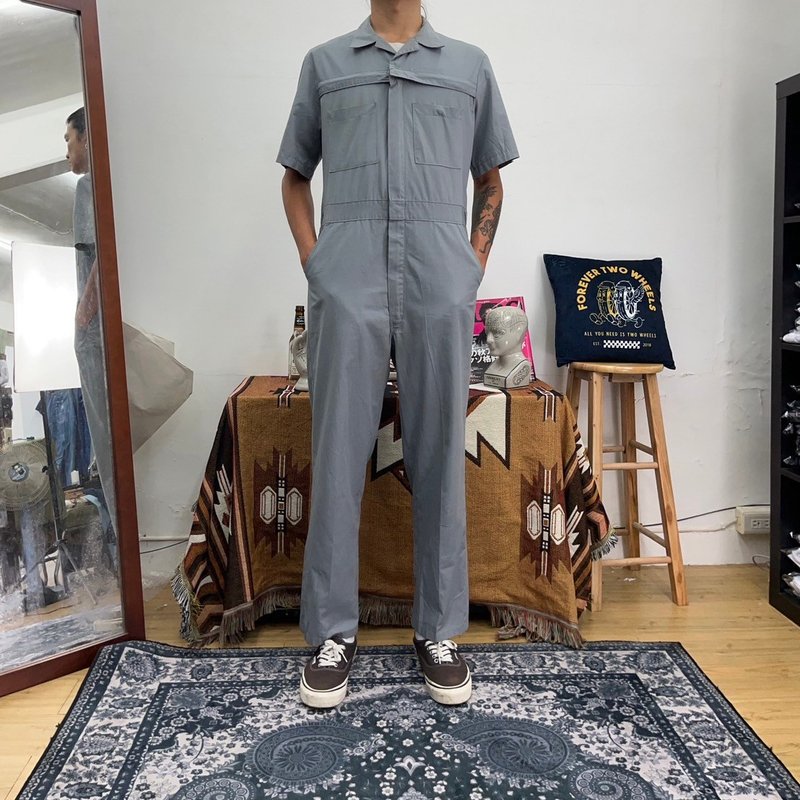 DICKIES 铁灰 短袖 连身工作服 COVERALLS 胸前十字拉链 古着 - 男士长裤 - 棉．麻 灰色