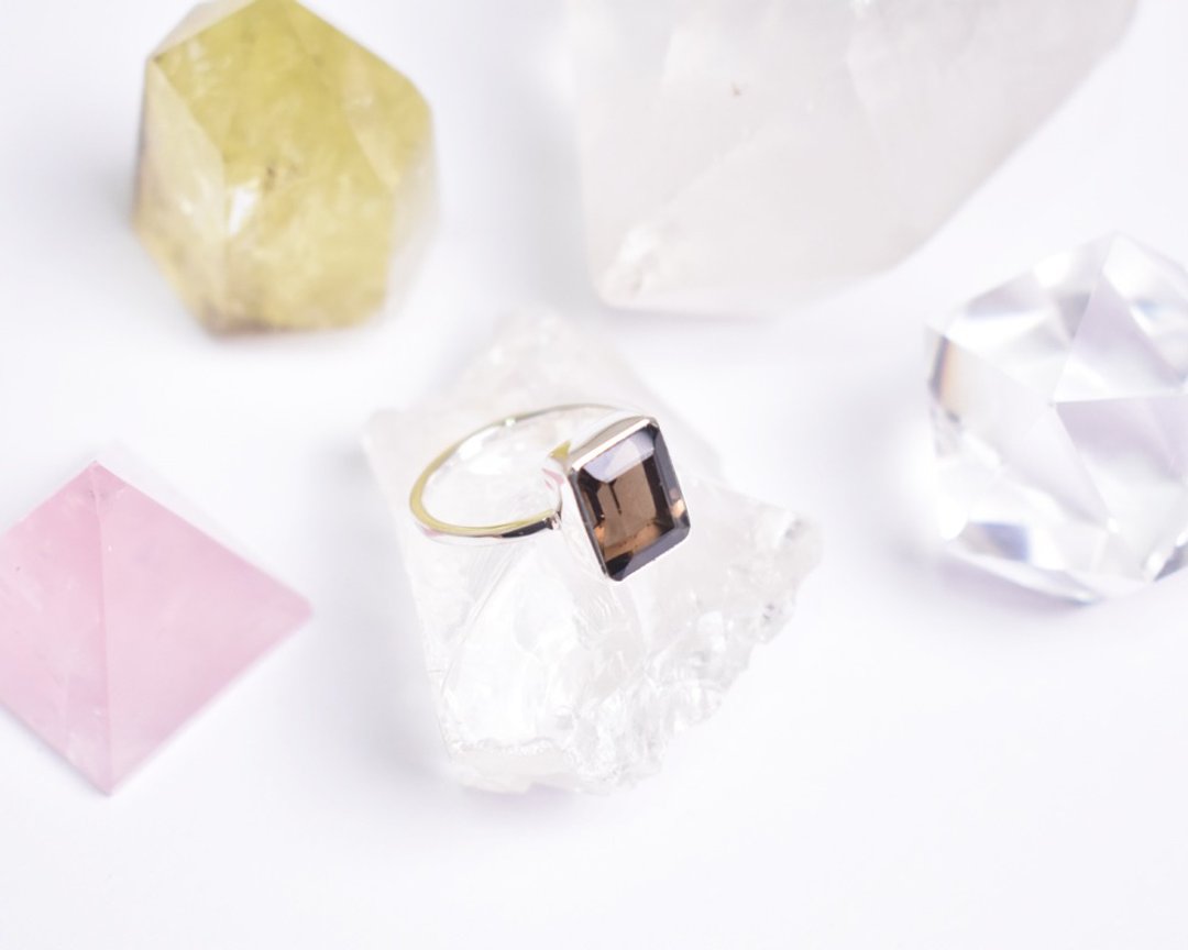 烟水晶 纯银 925 戒指 宝石戒指 - 戒指 - 宝石 咖啡色